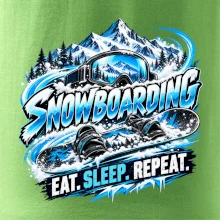 Snowboard s horským sněhem eat sleep repeat