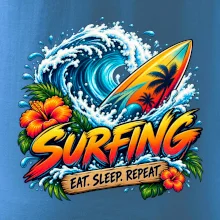Surfové prkno a mořská vlna eat sleep repeat