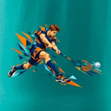 Florbalový útočník v oranžových polygonech