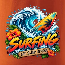 Surfové prkno a mořská vlna eat sleep repeat