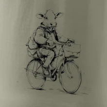 Krava v obleku na bicykli
