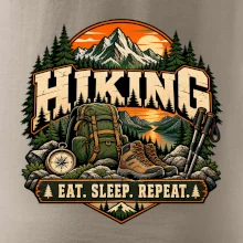 Turistický batoh v horách eat sleep repeat