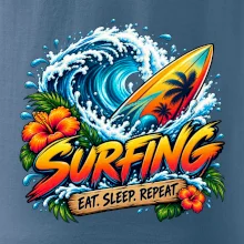 Surfové prkno a mořská vlna eat sleep repeat