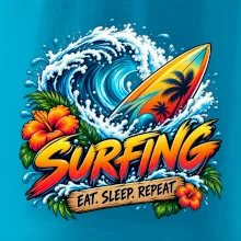 Surfové prkno a mořská vlna eat sleep repeat
