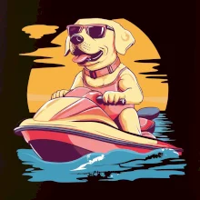 Zlatý retriever na vodnom skútri