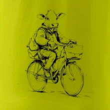 Krava v obleku na bicykli