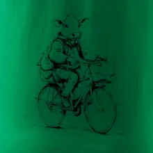 Krava v obleku na bicykli