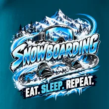 Snowboard s horským sněhem eat sleep repeat