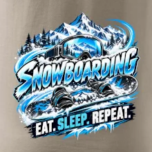 Snowboard s horským sněhem eat sleep repeat