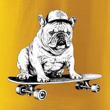 Čiernobiely buldog na skateboarde