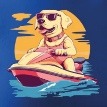 Zlatý retriever na vodnom skútri