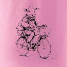 Krava v obleku na bicykli
