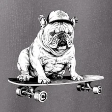 Čiernobiely buldog na skateboarde