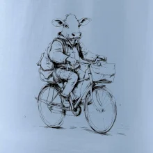 Krava v obleku na bicykli