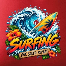 Surfové prkno a mořská vlna eat sleep repeat