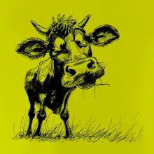 Čiernobiela karikatúra krava stojaca