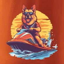 Nemecký ovčiak na vodnom skútri