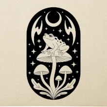 Goblincore čiernobiela oválna žaba