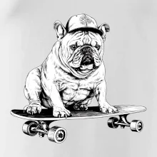 Čiernobiely buldog na skateboarde