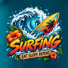 Surfové prkno a mořská vlna eat sleep repeat
