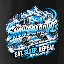 Snowboard s horským sněhem eat sleep repeat