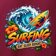 Surfové prkno a mořská vlna eat sleep repeat
