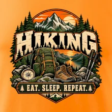 Turistický batoh v horách eat sleep repeat
