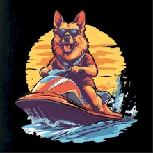 Nemecký ovčiak na vodnom skútri