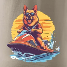 Nemecký ovčiak na vodnom skútri