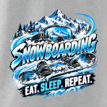 Snowboard s horským sněhem eat sleep repeat