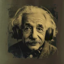 Albert Einstein so slúchadlami Albert Einstein so slúchadlami