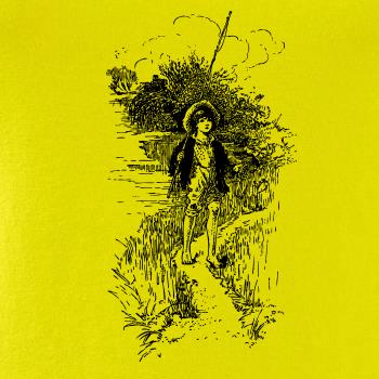 Kreslený chlapec s prútom