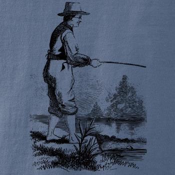 Kreslený rybár s vytiahnutými nohavicami