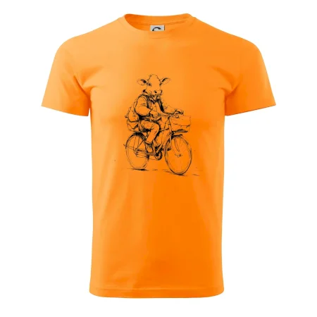 Krava v obleku na bicykli