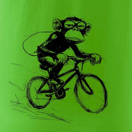Opice s batohom na bicykli