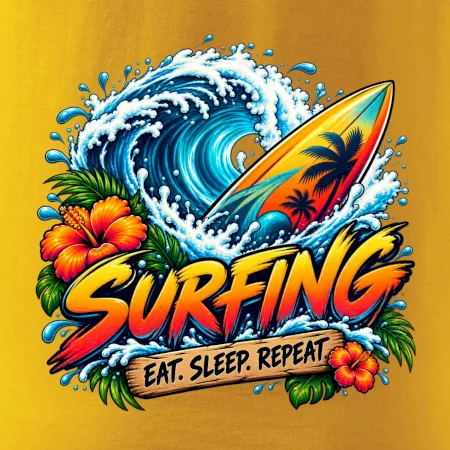 Surfové prkno a mořská vlna eat sleep repeat