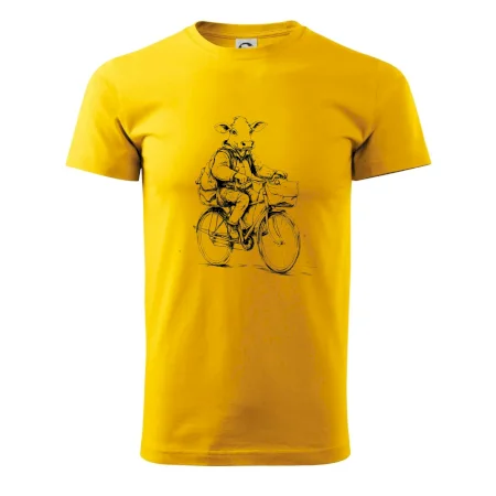 Krava v obleku na bicykli