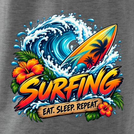 Surfové prkno a mořská vlna eat sleep repeat
