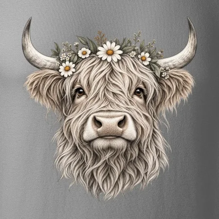 Highlandská krava s kvetinami