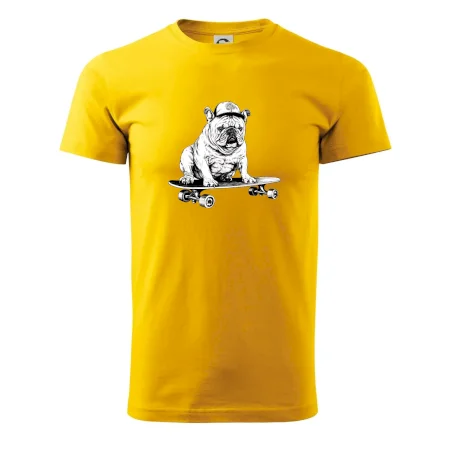 Čiernobiely buldog na skateboarde
