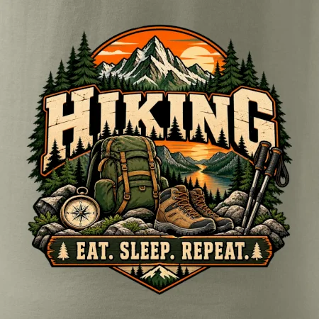 Turistický batoh v horách eat sleep repeat