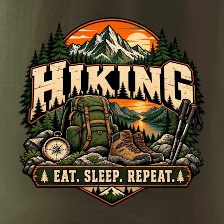 Turistický batoh v horách eat sleep repeat