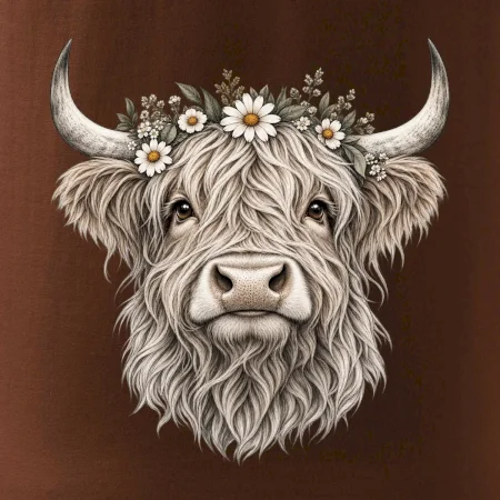 Highlandská krava s kvetinami