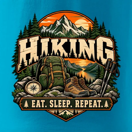 Turistický batoh v horách eat sleep repeat