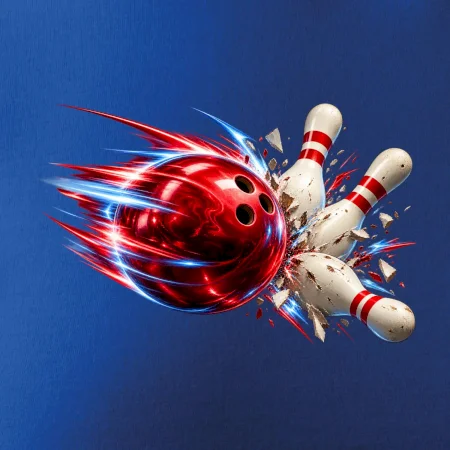 Bowlingová koule v akci a padající kuželky