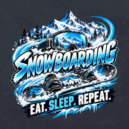 Snowboard s horským sněhem eat sleep repeat