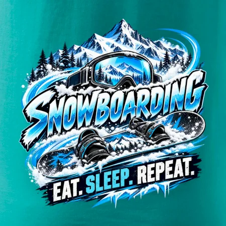 Snowboard s horským sněhem eat sleep repeat