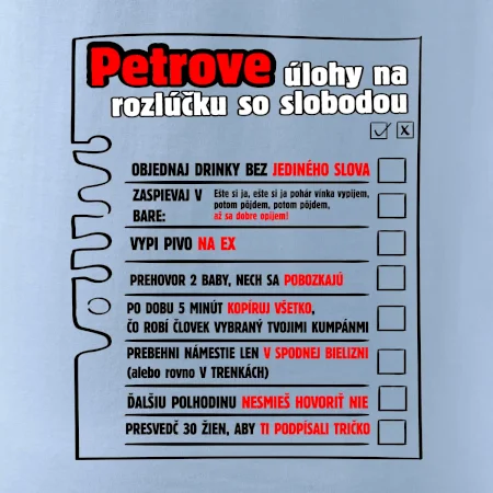 Tričko na rozlúčku s úlohami vpredu