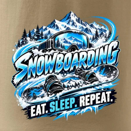 Snowboard s horským sněhem eat sleep repeat