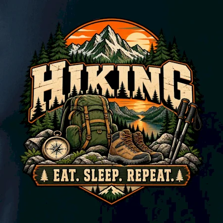 Turistický batoh v horách eat sleep repeat